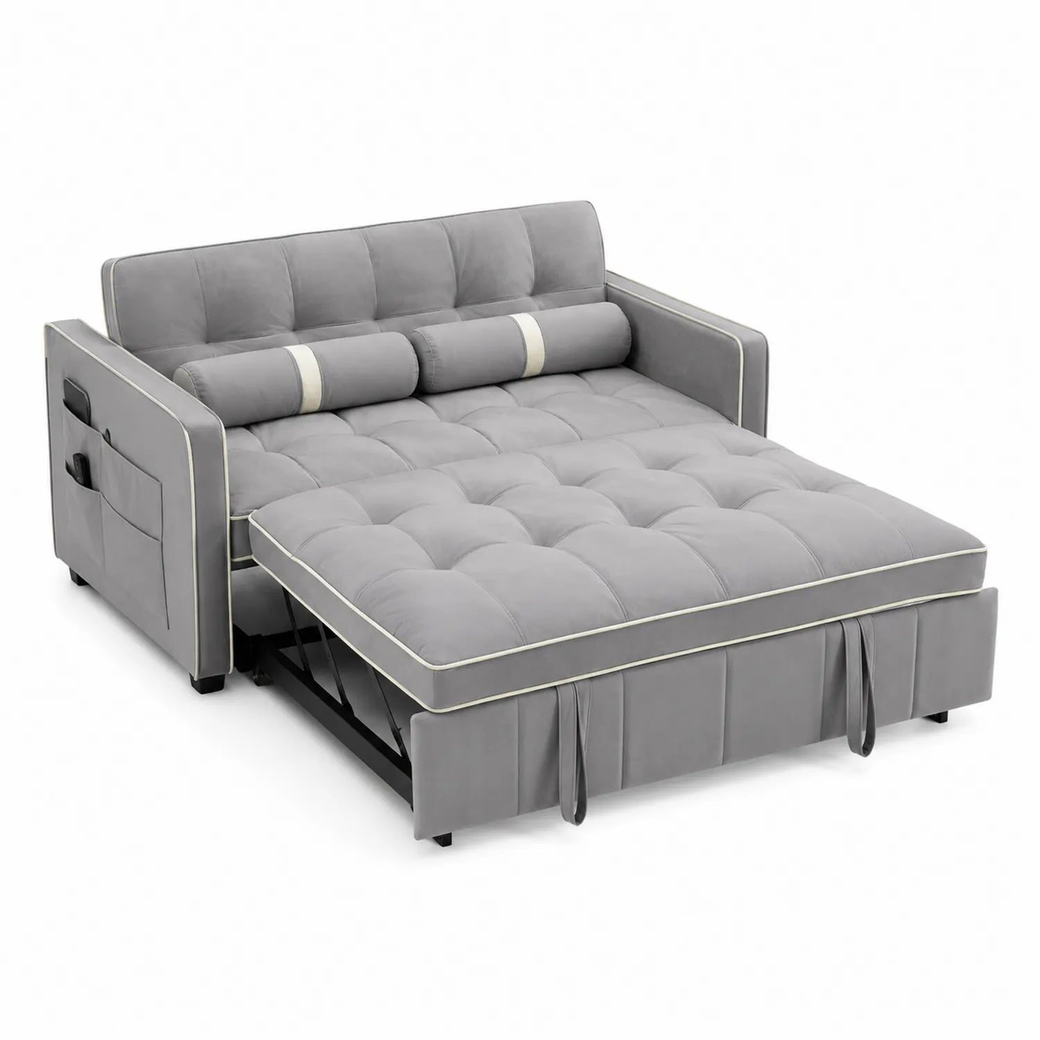 Canapé-lit en velours gris avec rangements et coussins