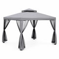 Pavillon de Jardin en Acier et Polyester 3x3m Gris avec Rideaux Noirs
