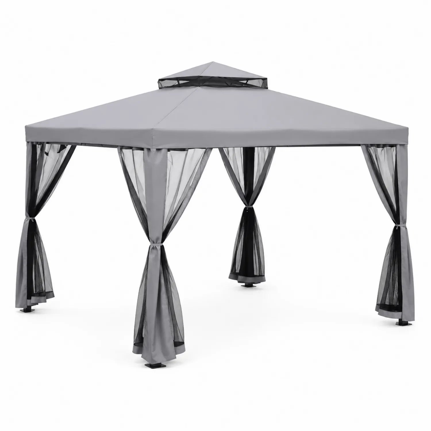 Pavillon de Jardin en Acier et Polyester 3x3m Gris avec Rideaux Noirs