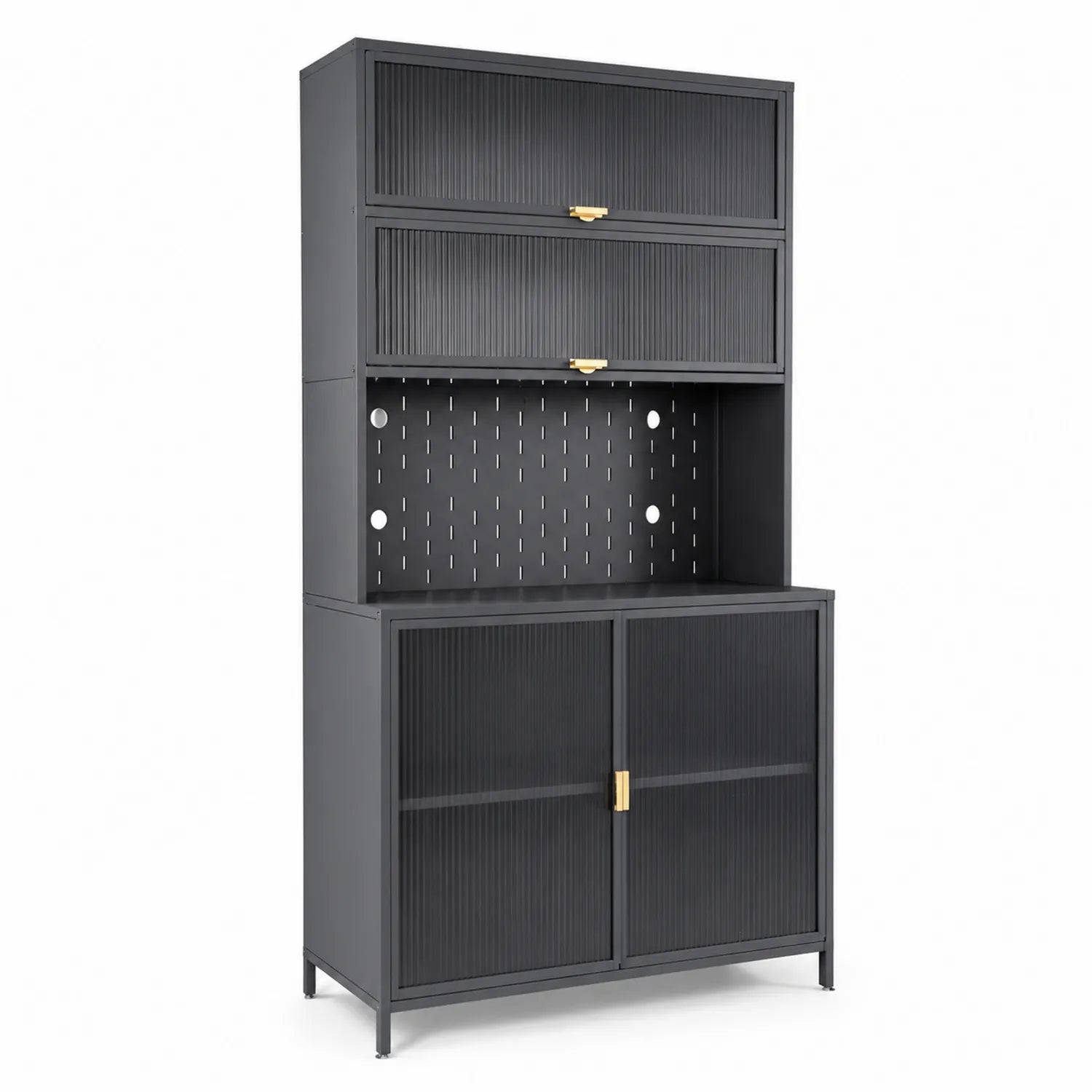 Armoire de rangement en métal noir avec portes et étagères