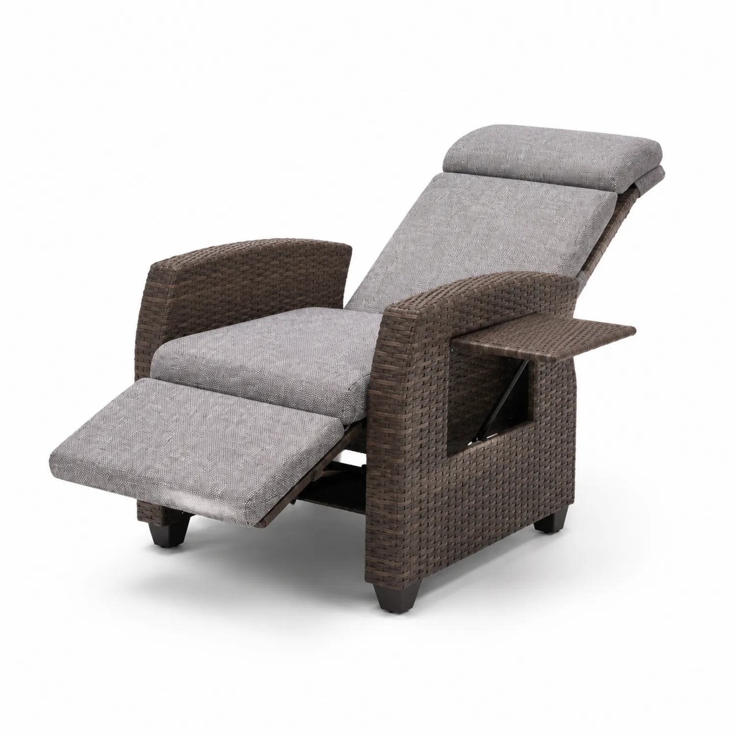 Chaise longue en rotin brun et tissu gris avec repose-pieds ajustable